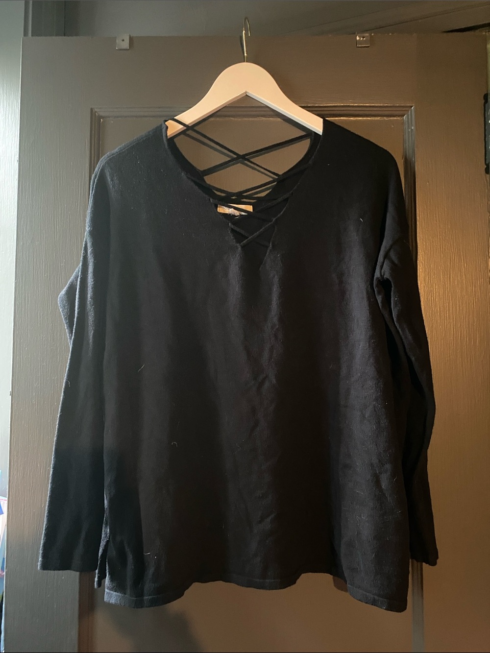 Black Lace-Up V-Neck Women’s Sweater